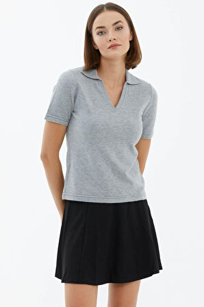 Polo Yaka Kısa Kol Triko Kazak  - Açık Gri