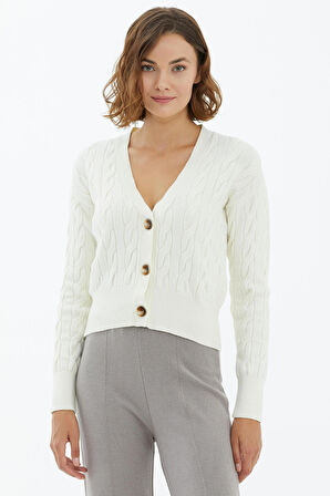 V Yaka Düğmeli Saç Örgülü Triko Hırka  - Kemik