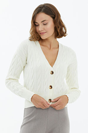 V Yaka Düğmeli Saç Örgülü Triko Hırka  - Kemik