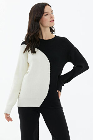 Sıfır Yaka  İki Renkli Triko Kazak  - Siyah - Kemik