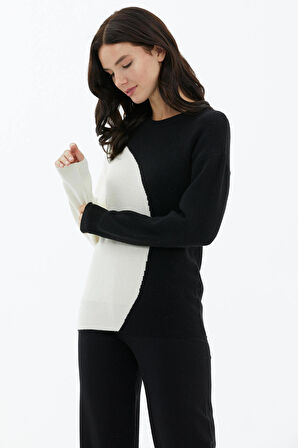 Sıfır Yaka  İki Renkli Triko Kazak  - Siyah - Kemik