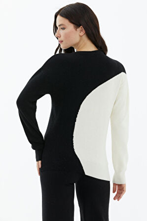 Sıfır Yaka  İki Renkli Triko Kazak  - Siyah - Kemik