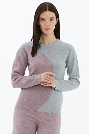 Sıfır Yaka  İki Renkli Triko Kazak  - Açık Gri - Gül