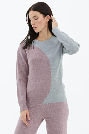 Sıfır Yaka  İki Renkli Triko Kazak  - Açık Gri - Gül