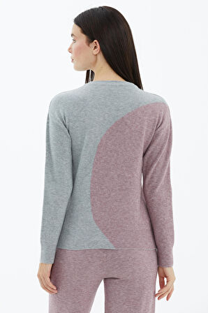 Sıfır Yaka  İki Renkli Triko Kazak  - Açık Gri - Gül