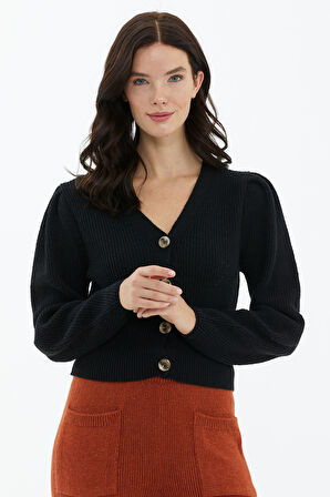 Balon Kol Düğmeli Triko Hırka  - Siyah