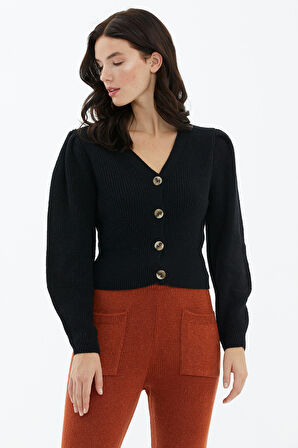 Balon Kol Düğmeli Triko Hırka  - Siyah