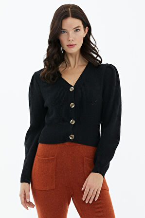 Balon Kol Düğmeli Triko Hırka  - Siyah