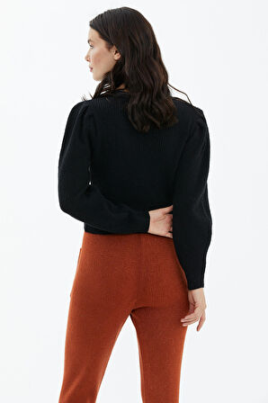 Balon Kol Düğmeli Triko Hırka  - Siyah