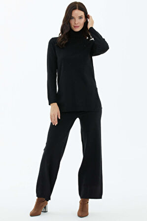 Tam Balıkçı Yaka Kazak Pantolon Triko Takım  - Siyah