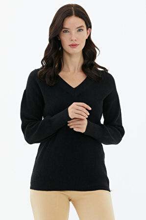 V Yaka Triko Kazak  - Siyah