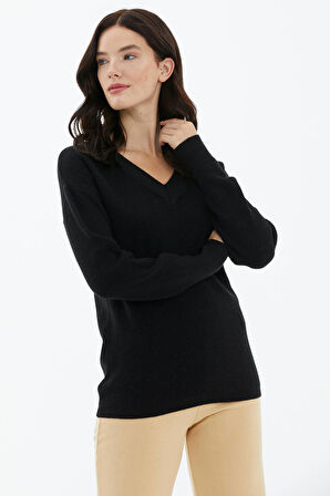 V Yaka Triko Kazak  - Siyah