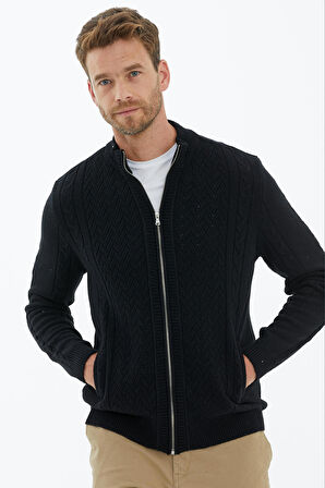 Dik Yaka Fermuarlı Triko Hırka  - Siyah