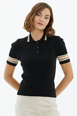 Polo Yaka Düğmeli Kısa Kol Triko Kazak  - Siyah