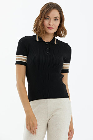 Polo Yaka Düğmeli Kısa Kol Triko Kazak  - Siyah