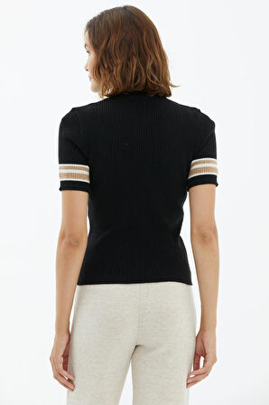 Polo Yaka Düğmeli Kısa Kol Triko Kazak  - Siyah