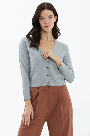 V Yaka Düğmeli Cepli Triko Hırka  - Açık Gri