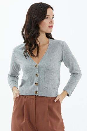 V Yaka Düğmeli Cepli Triko Hırka  - Açık Gri
