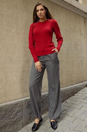 Sıfır Yaka Omuzları Düğmeli Triko Kazak - Kırmızı