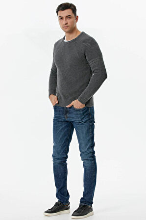 Sıfır Yaka Triko Kazak  - Koyu Gri