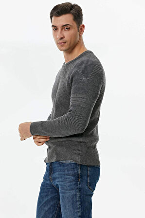 Sıfır Yaka Triko Kazak  - Koyu Gri