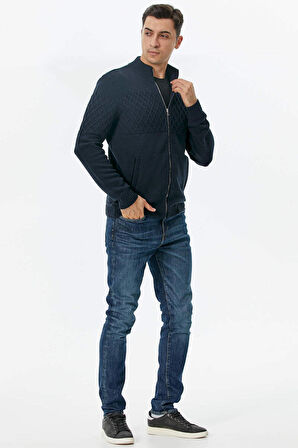 Dik Yaka Fermuarlı Cepli Triko Hırka  - Lacivert