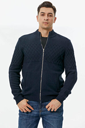 Dik Yaka Fermuarlı Cepli Triko Hırka  - Lacivert