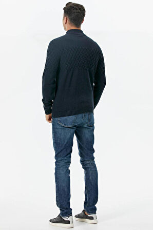 Dik Yaka Fermuarlı Cepli Triko Hırka  - Lacivert