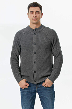 Yarım Balıkçı Düğmeli Triko Hırka  - Koyu Gri