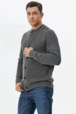 Yarım Balıkçı Düğmeli Triko Hırka  - Koyu Gri