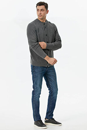 Yarım Balıkçı Düğmeli Triko Hırka  - Koyu Gri