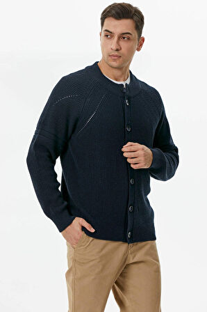 Yarım Balıkçı Düğmeli Triko Hırka  - Lacivert