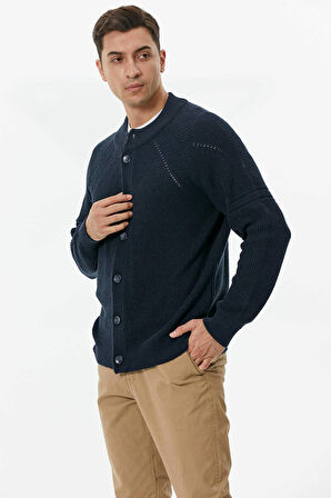 Yarım Balıkçı Düğmeli Triko Hırka  - Lacivert