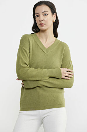 V Yaka Triko Kazak - Yeşil