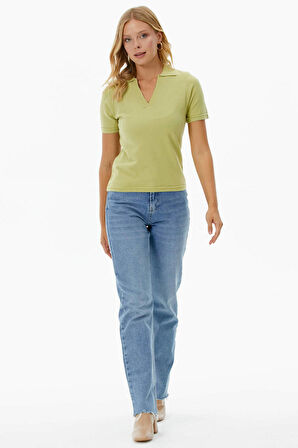 Polo Yaka Kısa Kol Triko Kazak  - Yeşil