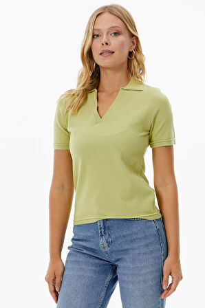 Polo Yaka Kısa Kol Triko Kazak  - Yeşil