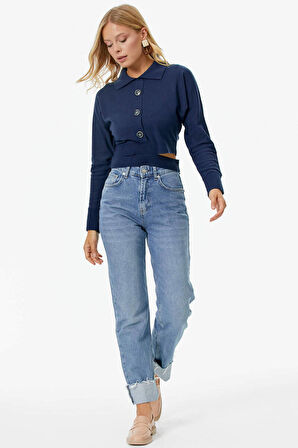 Parça Detaylı Polo Yaka Düğmeli Triko Crop  - Lacivert
