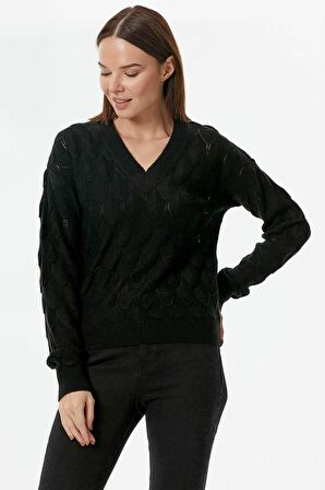 V Yaka Yaprak Desenli Triko Kazak - Siyah