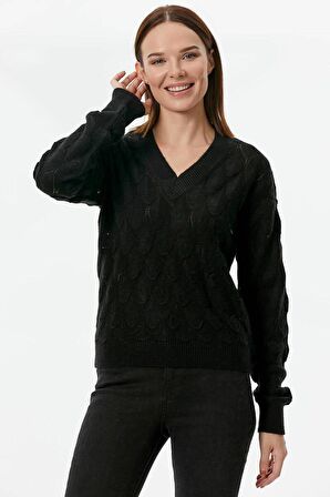 V Yaka Yaprak Desenli Triko Kazak - Siyah