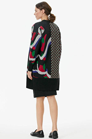 Düğmeli Renk Desenli Triko Hırka  - Siyah