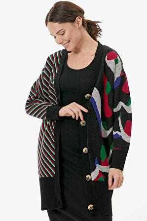Düğmeli Renk Desenli Triko Hırka  - Siyah
