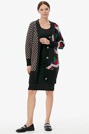 Düğmeli Renk Desenli Triko Hırka  - Siyah