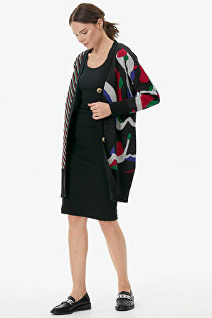 Düğmeli Renk Desenli Triko Hırka  - Siyah