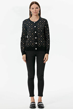 İnci Düğmeli Çiçek Desenli Triko Hırka  - Siyah