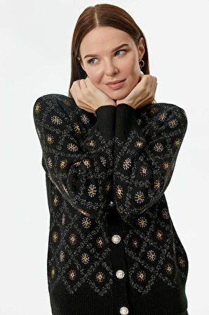 İnci Düğmeli Çiçek Desenli Triko Hırka  - Siyah