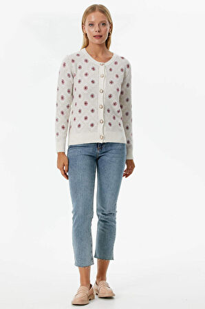 İnci Düğmeli Çiçek Desenli Triko Hırka  - Kemik