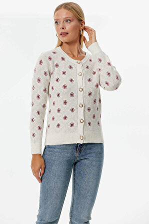 İnci Düğmeli Çiçek Desenli Triko Hırka  - Kemik