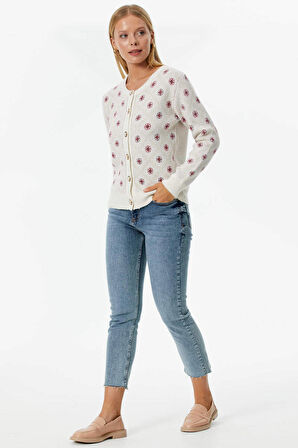 İnci Düğmeli Çiçek Desenli Triko Hırka  - Kemik
