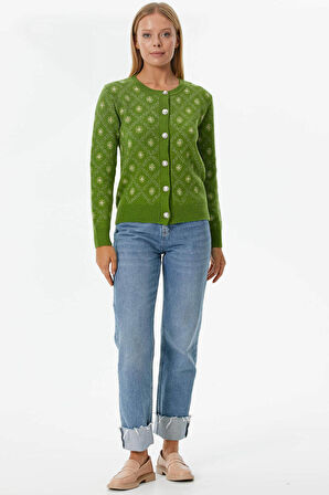 İnci Düğmeli Çiçek Desenli Triko Hırka  - Yeşil