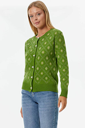 İnci Düğmeli Çiçek Desenli Triko Hırka  - Yeşil